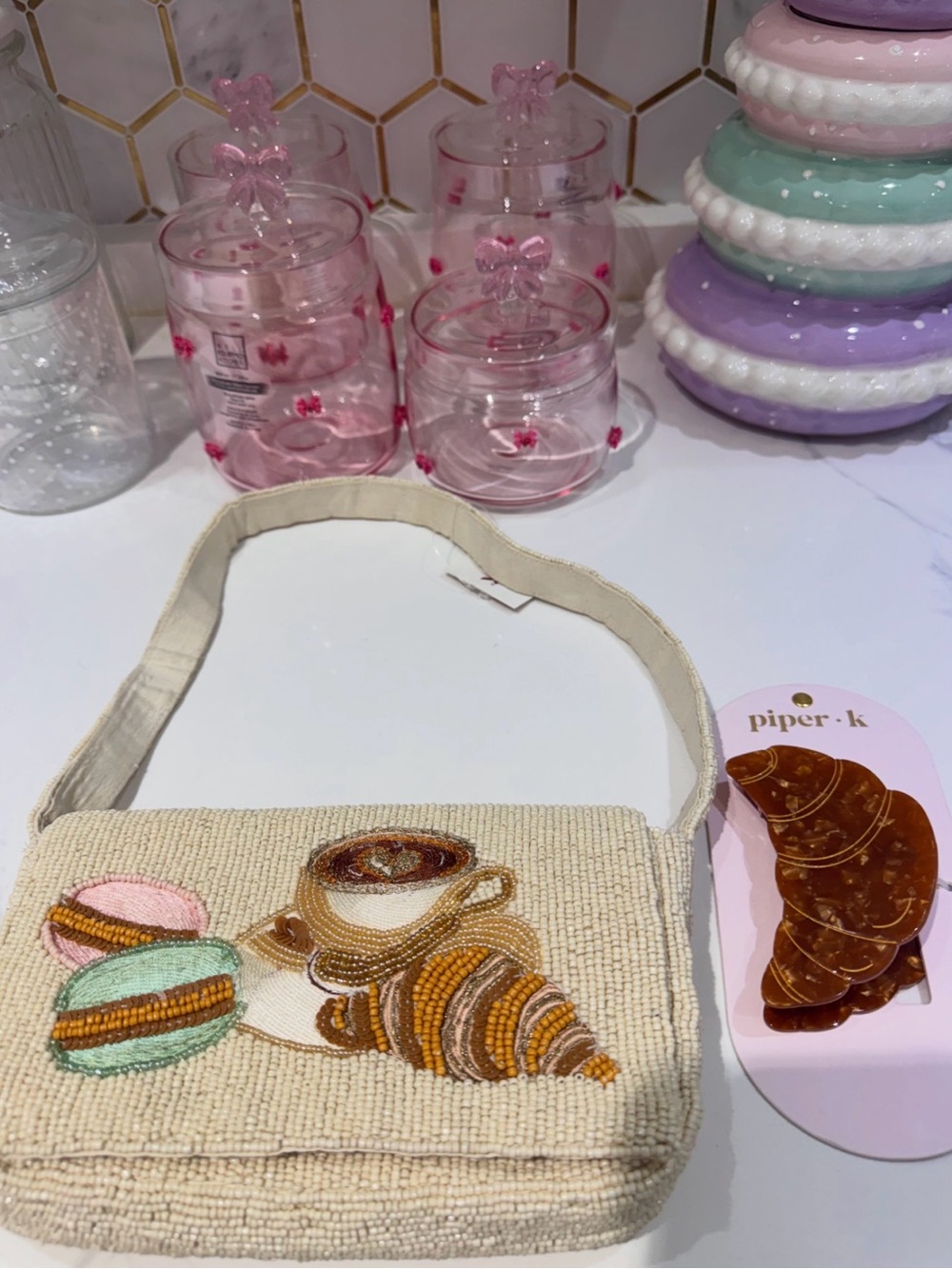 Beaded Croissant & Coffee Crossbody Bag in Cream